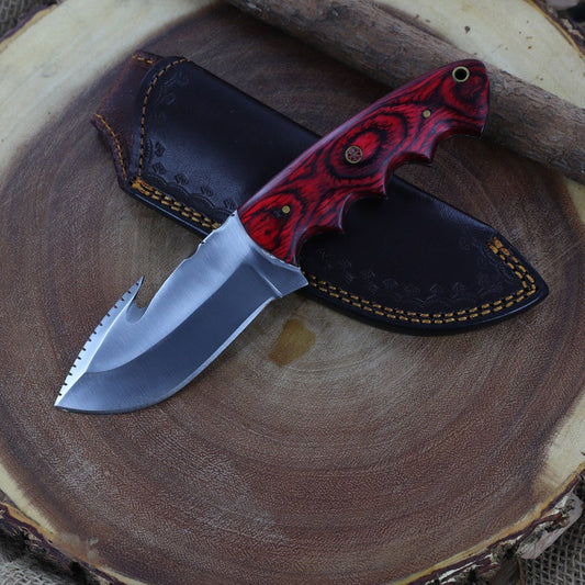 Outdoor Everyday Camping Hiking Full Tang Drop Point Fixed Blade w/ Red Contoured Handle With Leather Sheath