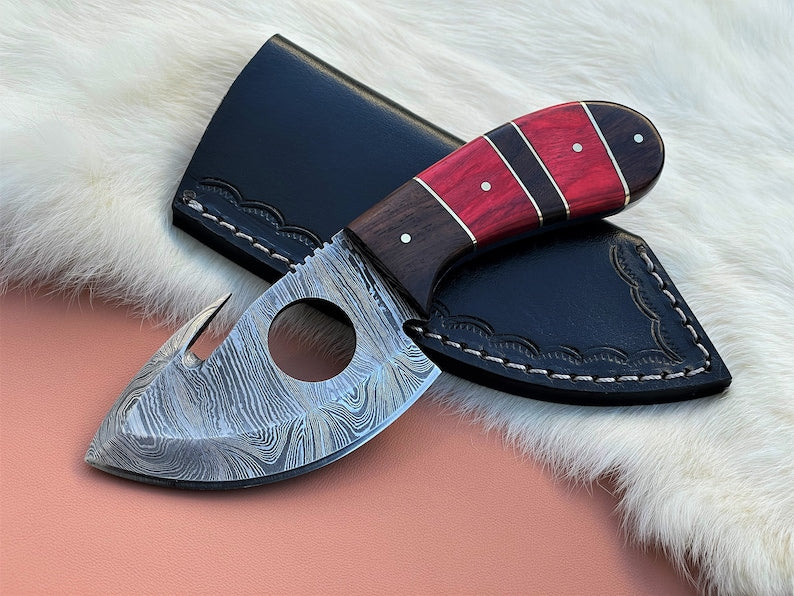 Custom Handmade Damascus Steel Gut Hook Knife With Leather Sheath