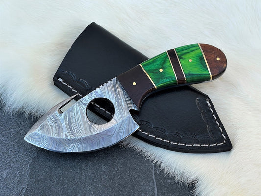 Custom Handmade Damascus Steel Gut Hook Knife With Leather Sheath