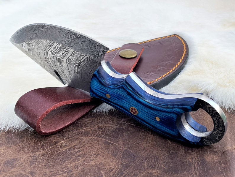 Custom Handmade Damascus Steel Gut Hook Skinning Knife With Leather Sheath