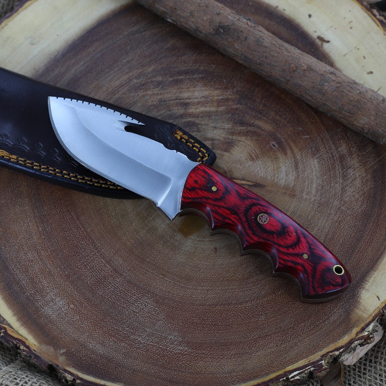 Outdoor Everyday Camping Hiking Full Tang Drop Point Fixed Blade w/ Red Contoured Handle With Leather Sheath