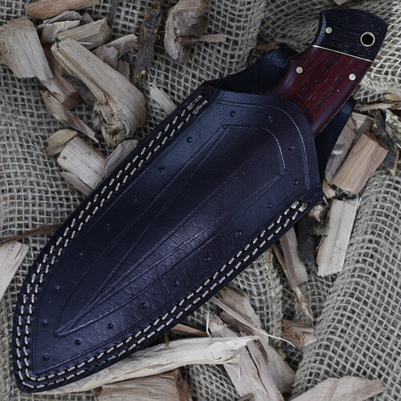 Full Tang Functional Fishing Camping Survival Hand Forged Gut Hook Blade Walnut Wood Handle With Leather Sheath