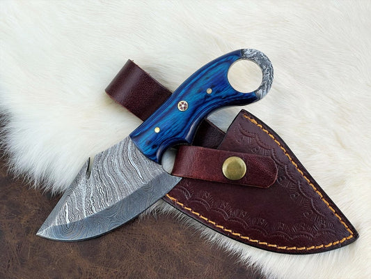 Custom Handmade Damascus Steel Gut Hook Skinning Knife With Leather Sheath