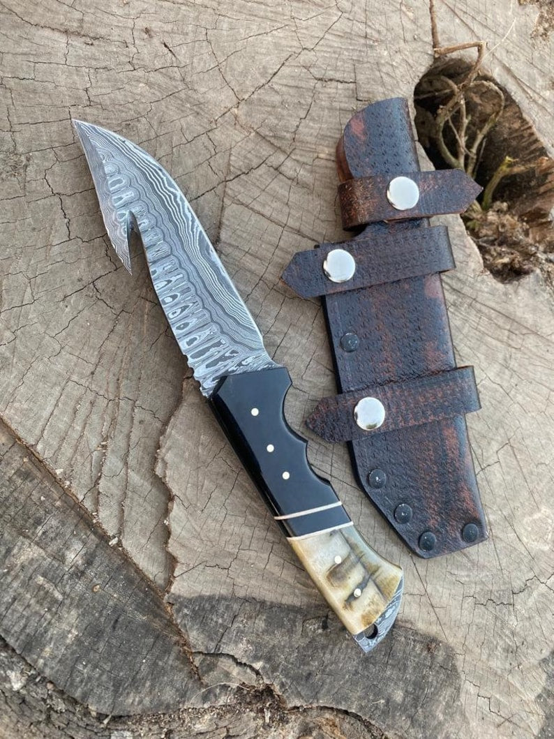 Custom Handmade Damascus Steel Gut Hook Hunting Knife With Leather Sheath