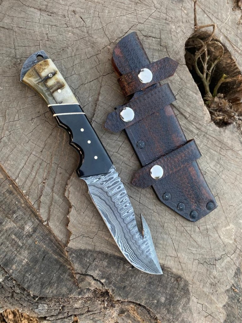 Custom Handmade Damascus Steel Gut Hook Hunting Knife With Leather Sheath