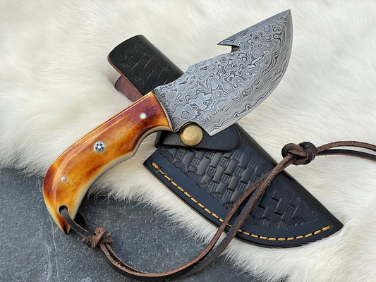 Custom Handmade Damascus Steel Gut Hook Skinner Knife With Leather Sheath