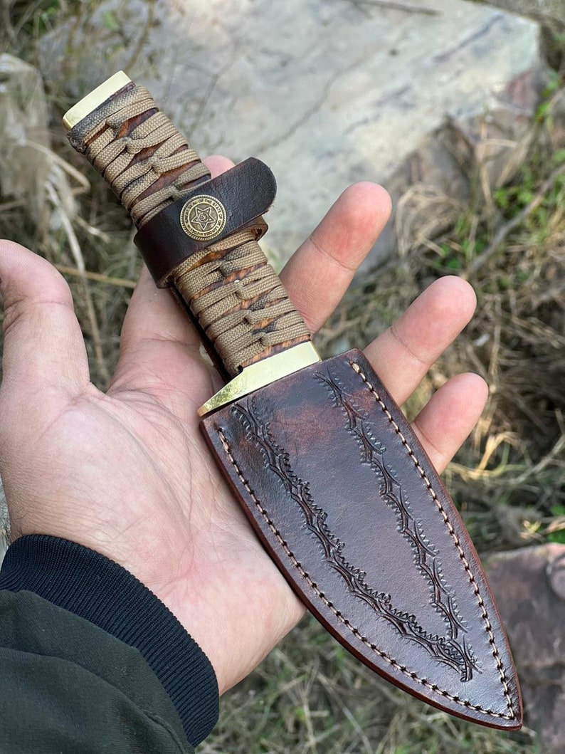 Custom Handmade Carbon Steel Gut Hook Skinning Hunting Knife With Leather Sheath