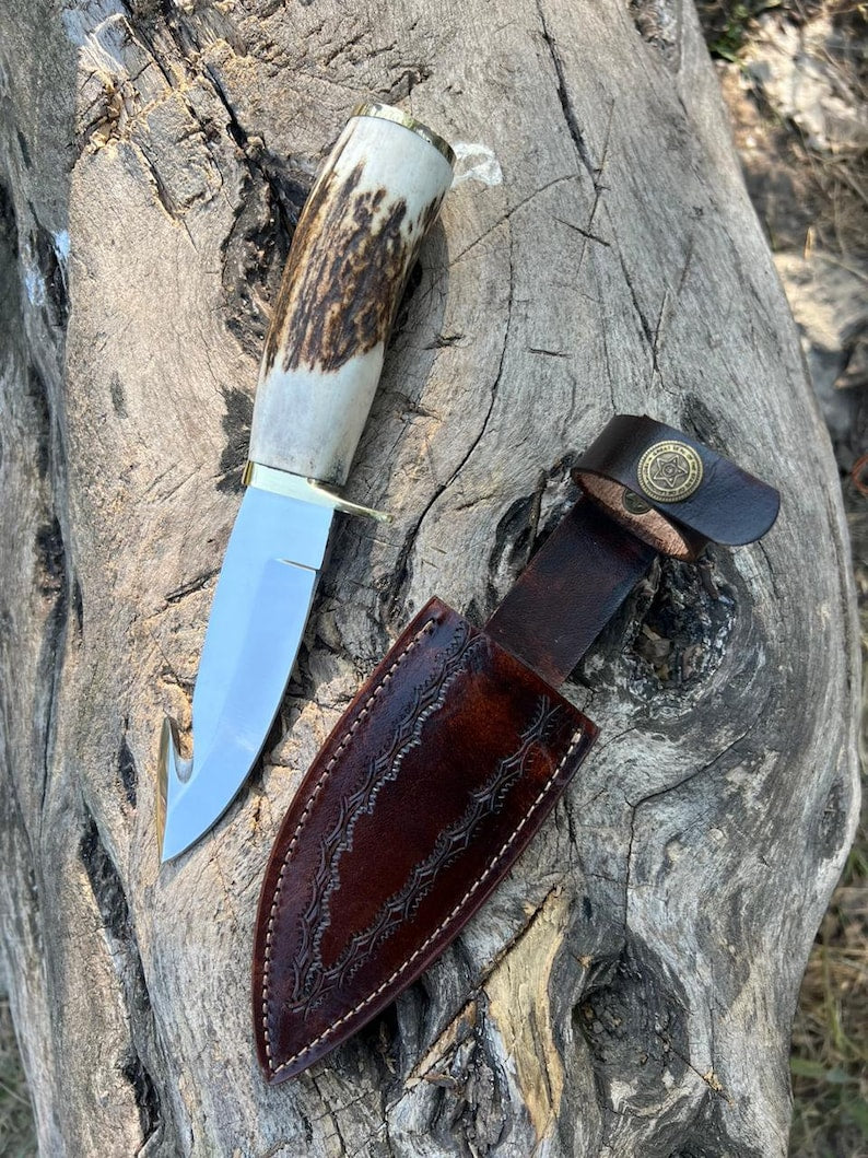 Custom Handmade Stag Horn Gut Hook Skinner Knife With Leather Sheath