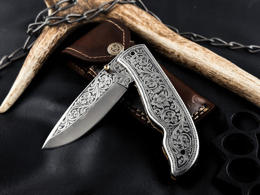 Hand Engraved D2 Steel Folding knife, Handmade Pocket Knife, Camping Knife, Hunting Knife, Anniversary Gift, Best Gift For Him EDC Knife.