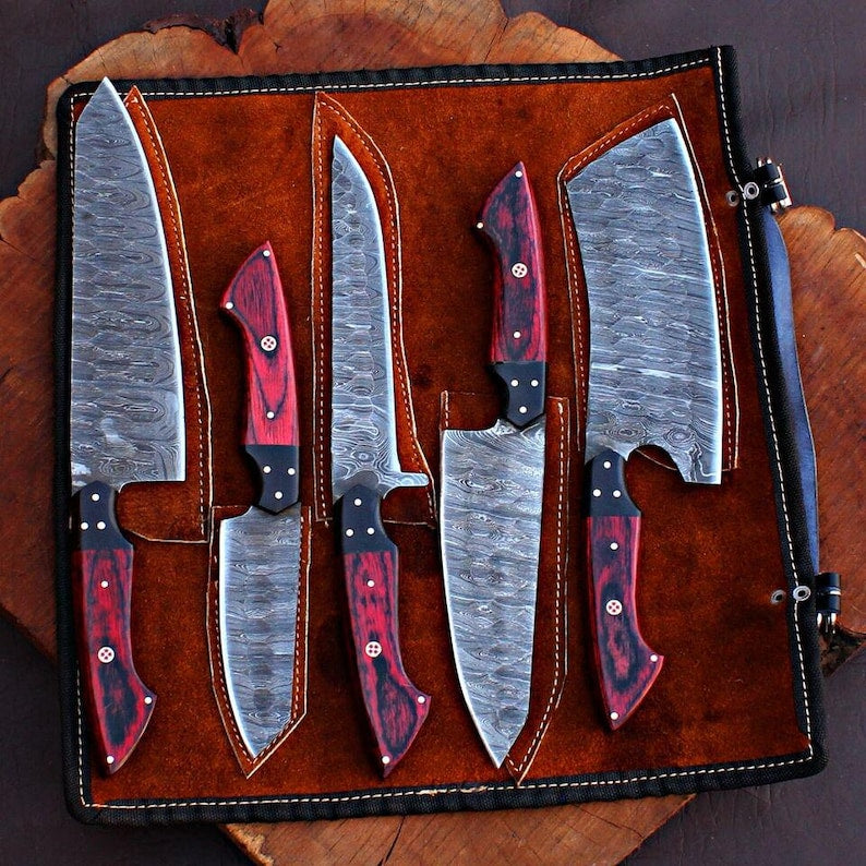 Custom Handmade Damascus Steel Chef Kitchen Knives Set With Leather Roll Kit