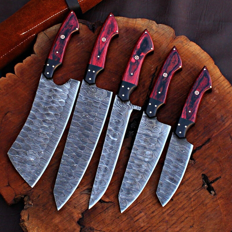 Custom Handmade Damascus Steel Chef Kitchen Knives Set With Leather Roll Kit