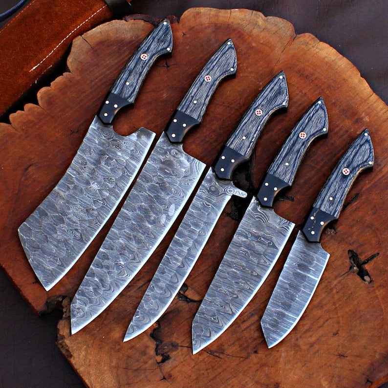 Custom Handmade Damascus Steel Chef Kitchen Knives Set With Leather Roll Kit