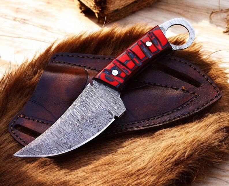 Custom Handmade Damascus Steel Skinner Knife With Leather Sheath