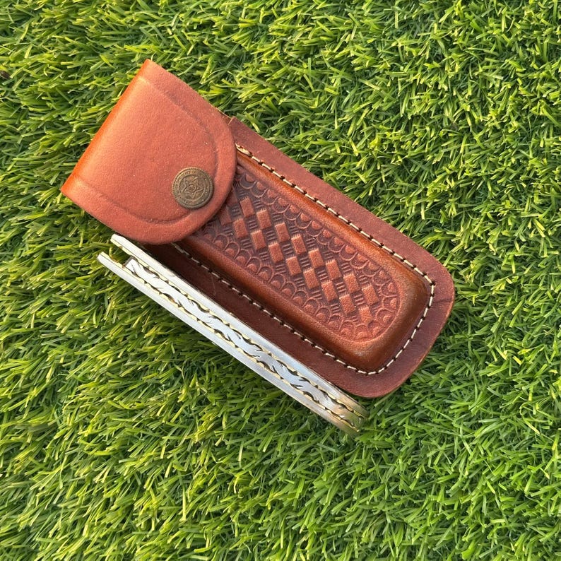 Custom Handmade Folding Pocket Knife With Leather Pouch