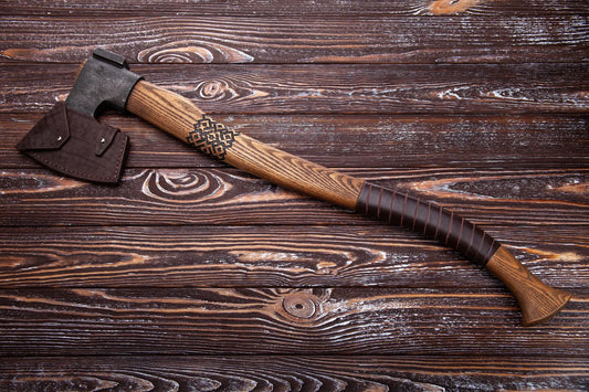 Hand Forged Bushcraft Axe with Carvings - Camping Axe for Splitting with Carved Ukrainian Patterns and Leather Handle Wrapping