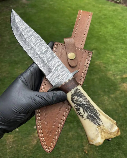 Handmade Damascus Steel Knife: Tribal Bone Handle, Leather Sheath