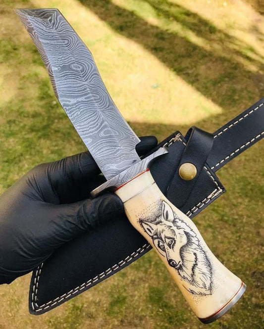 Handmade Damascus Steel Tanto Knife: Stained Bone Handle, Leather Sheath