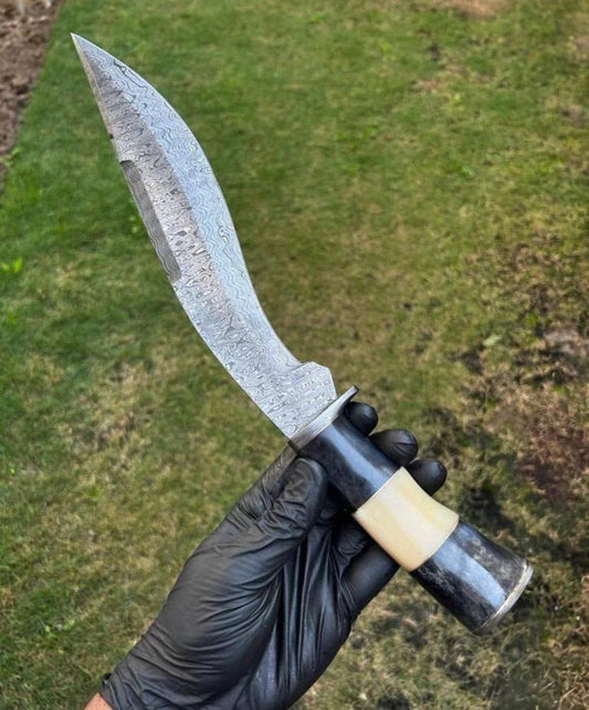 Damascus Steel Trailing Point Camping Knife, Stained Bone with Damascus Guard Pommel Handle, Leather Sheath