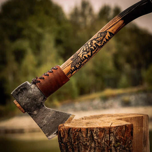 Middle Bushcraft Axe with Carvings on Handle and Leather Case - Hand Forged Camping Axe, Bushcraft Hatchet, Forest Axe for Hiking