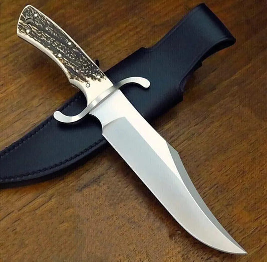 Custom Handmade Lovely Style D2 Steel Stag Antler Handle Full Tang Hunting Knife with Leather Sheath