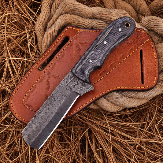 Custom Hand Forged Damascus Steel Cowboy Bull Cutter Knife With Pancake Leather Sheath