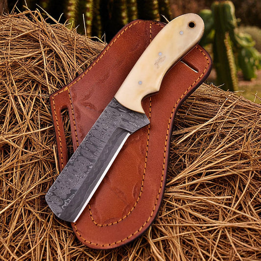 Cowboy Bull Cutter Knife With Camel Bone Handle With Pancake Leather Sheath