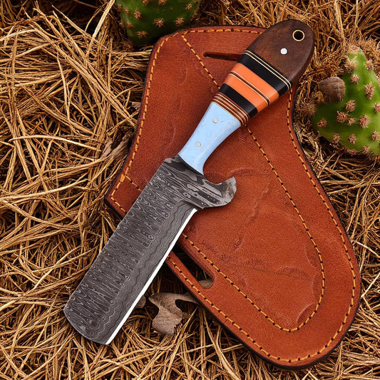 Custom Handmade Damascus Steel Cowboy Bull Cutter Knife With Pancake Leather Sheath