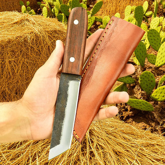 Hand Forged Carbon Steel Tanto Knife With Leather Pouch