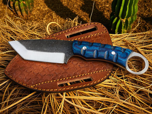 Custom Hand Forged Tanto Knife With Pancake Leather Sheath