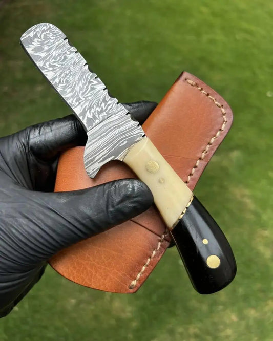 Handcrafted Damascus Steel Cowboy Knife: Camel Bone & Buffalo Horn Handle