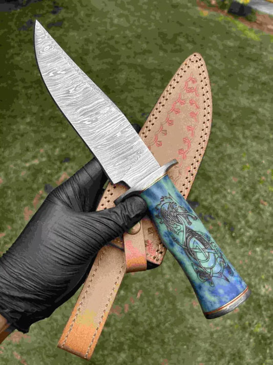 Custom Handmade Damascus Steel Bowie Knife, Stained Bone Scrimshaw Handle, Premium Leather Sheath