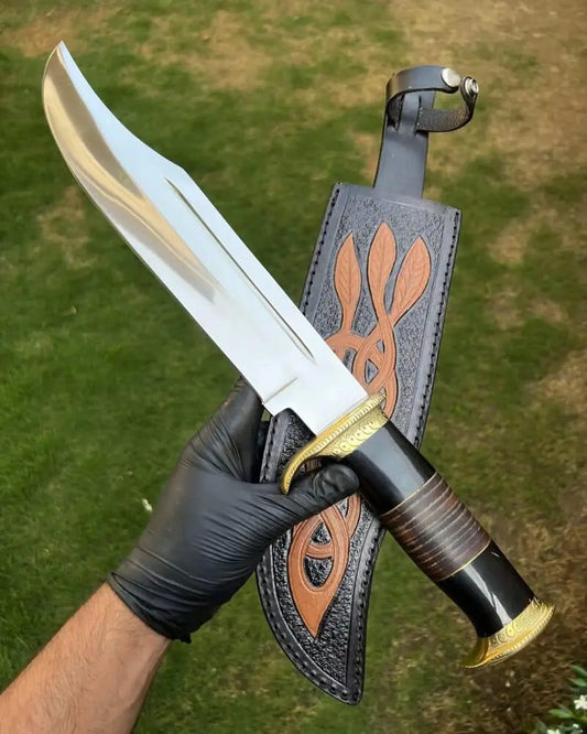 Custom Handmade D2 Steel Bowie Knife – Blood Grooved, Buffalo Horn & Leather Handle