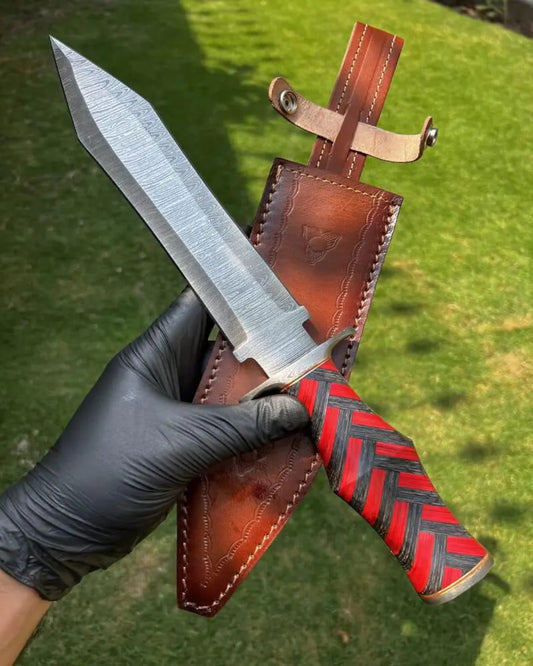 Handmade Damascus Steel Dagger Knife – Custom Forged Blade with Leather Sheath