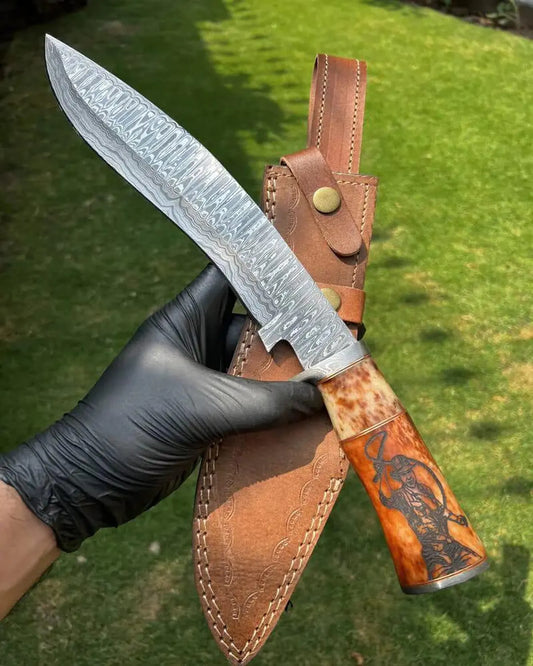 Damascus Steel Bowie Knife – Stained Bone Handle with Scrimshaw Art
