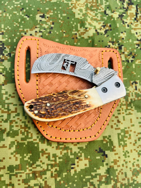 Beautiful Custom Handmade Cowboy Hawkbill Folding knife with lineman Cutout in Damascus steel With Leather Sheath
