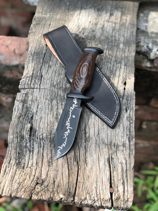 Handmade Stainless Steel Fixed Blade Knife · 10" Overall · Wenge Wood Handle · Full Tang Design · Black Coated Blade · Leather Sheath Included