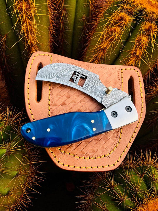 Beautiful Custom Handmade Cowboy Hawkbill Folding Knife With Leather Sheath
