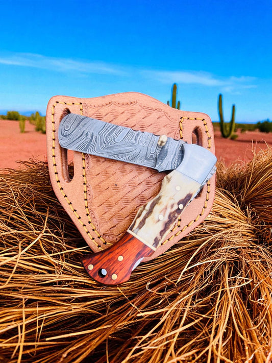 Custom Handmade Damascus Steel Cowboy Folding Pocket EDC Knife With Leather Sheath