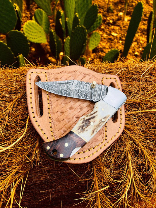 Custom Handmade Damascus Steel Folding Pocket EDC Knife With Leather Sheath