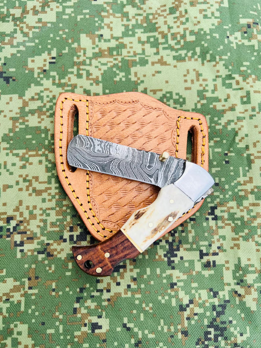 Custom Handmade Damascus Steel Cowboy Folding Pocket EDC Knife With Leather Sheath