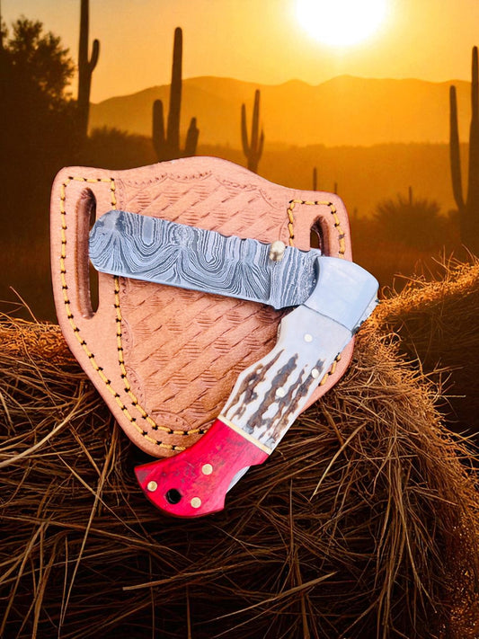 Custom Handmade Damascus Steel Cowboy Folding Pocket EDC Knife With Leather Sheath