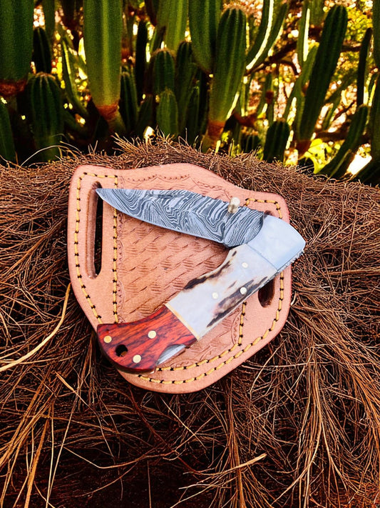 Custom Handmade Damascus Steel Folding Pocket EDC Knife With Leather Sheath