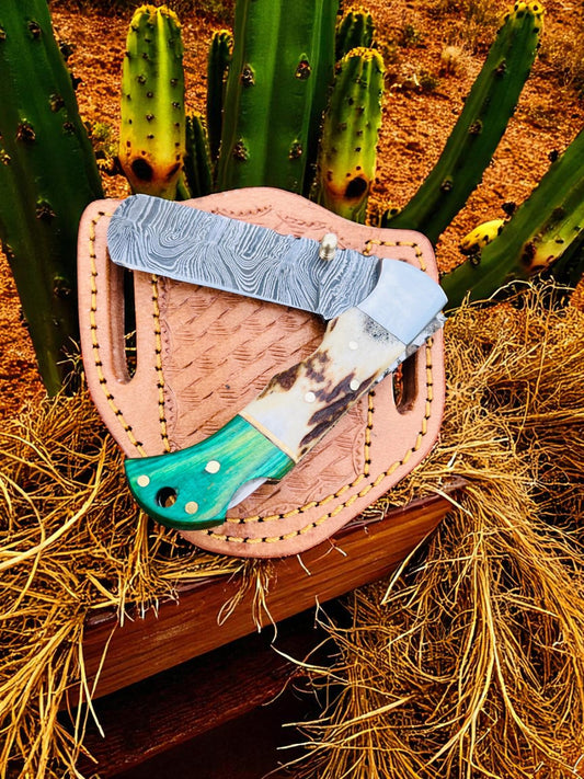 Custom Handmade Damascus Steel Cowboy Folding Pocket EDC Knife With Leather Sheath
