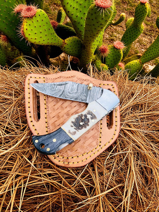 Custom Handmade Damascus Steel Folding Pocket EDC Knife With Leather Sheath