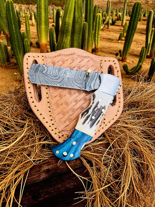 Custom Handmade Damascus Steel Cowboy Folding Pocket EDC Knife With Leather Sheath
