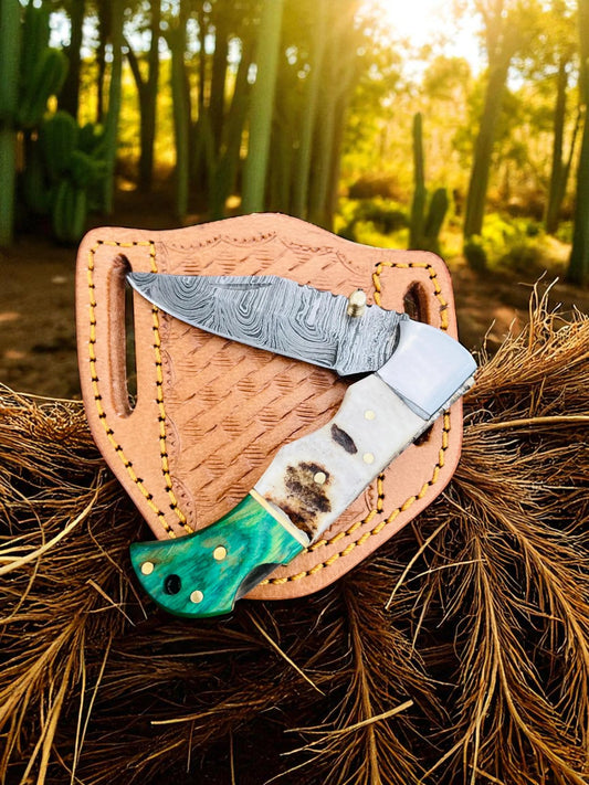 Custom Handmade Damascus Steel Folding Pocket EDC Knife With Leather Sheath