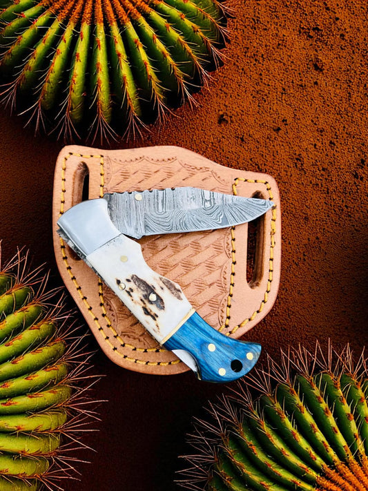 Custom Handmade Damascus Steel Folding Pocket EDC Knife With Leather Sheath
