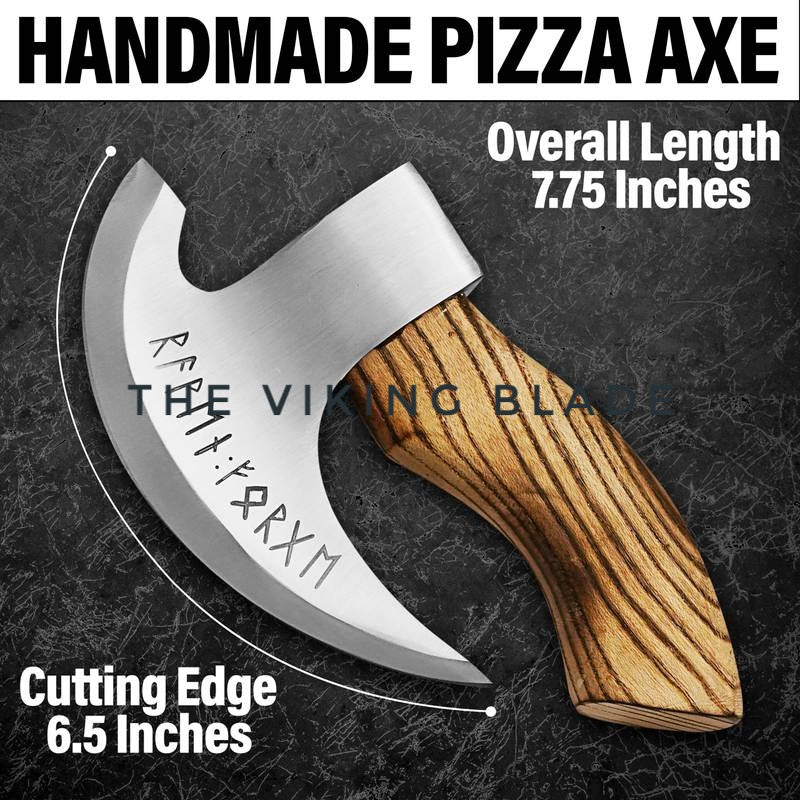 J2 steel axe pizza cutter with leather sheath handmade tool for slicing pizza, flatbreads and kitchen use.