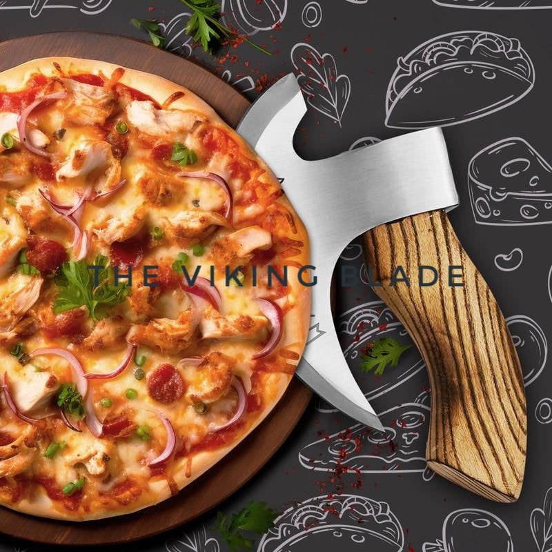 J2 steel pizza axe cutter handmade kitchen tool with sharp blade and strong wooden handle for easy slicing.