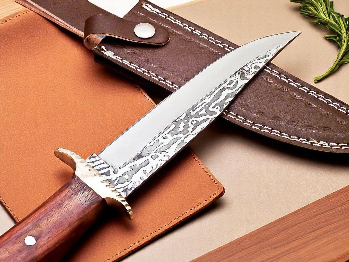Decorative knife with wooden handle and leather sheath on neutral background